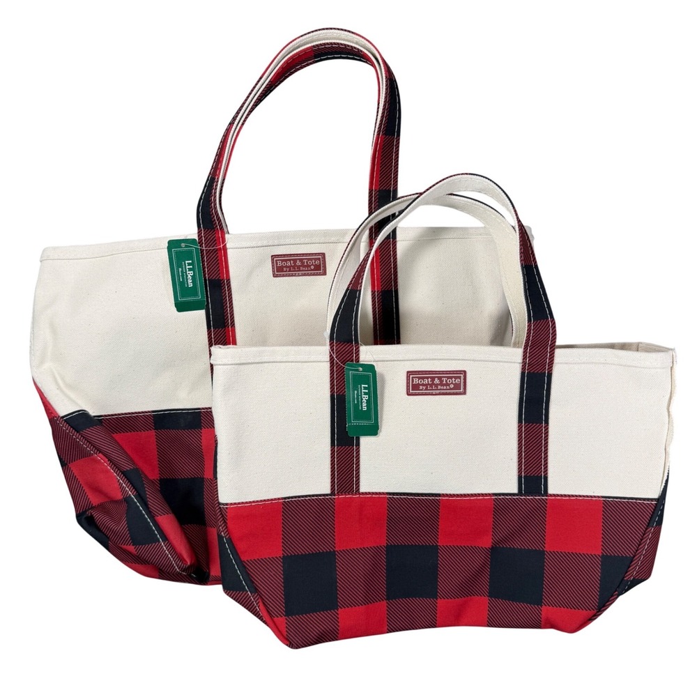 LL Bean Boat and Tote Set Med. Large Red Black Buffalo Plaid Canvas Bags USA
